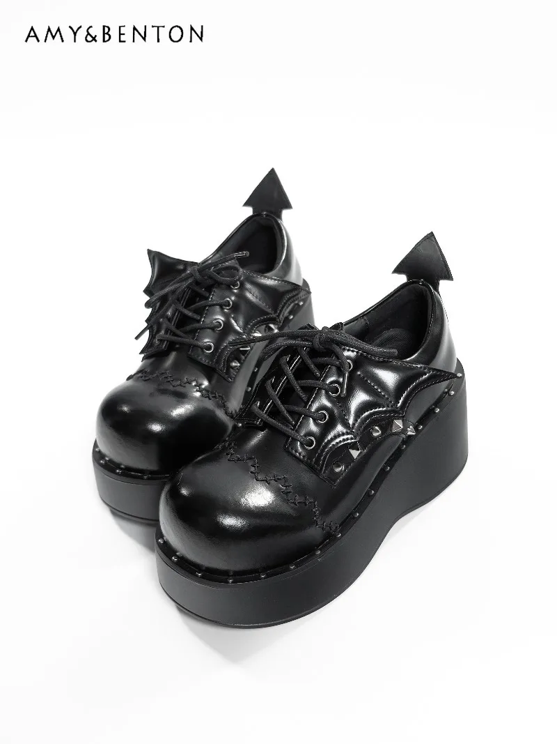 

Subculture Punk Hot Girl Thick-soled Leather Shoes Harajuku Style Goth Rivet Lace-up Round Toe Mary Jane Shoes Black Pu Shoes