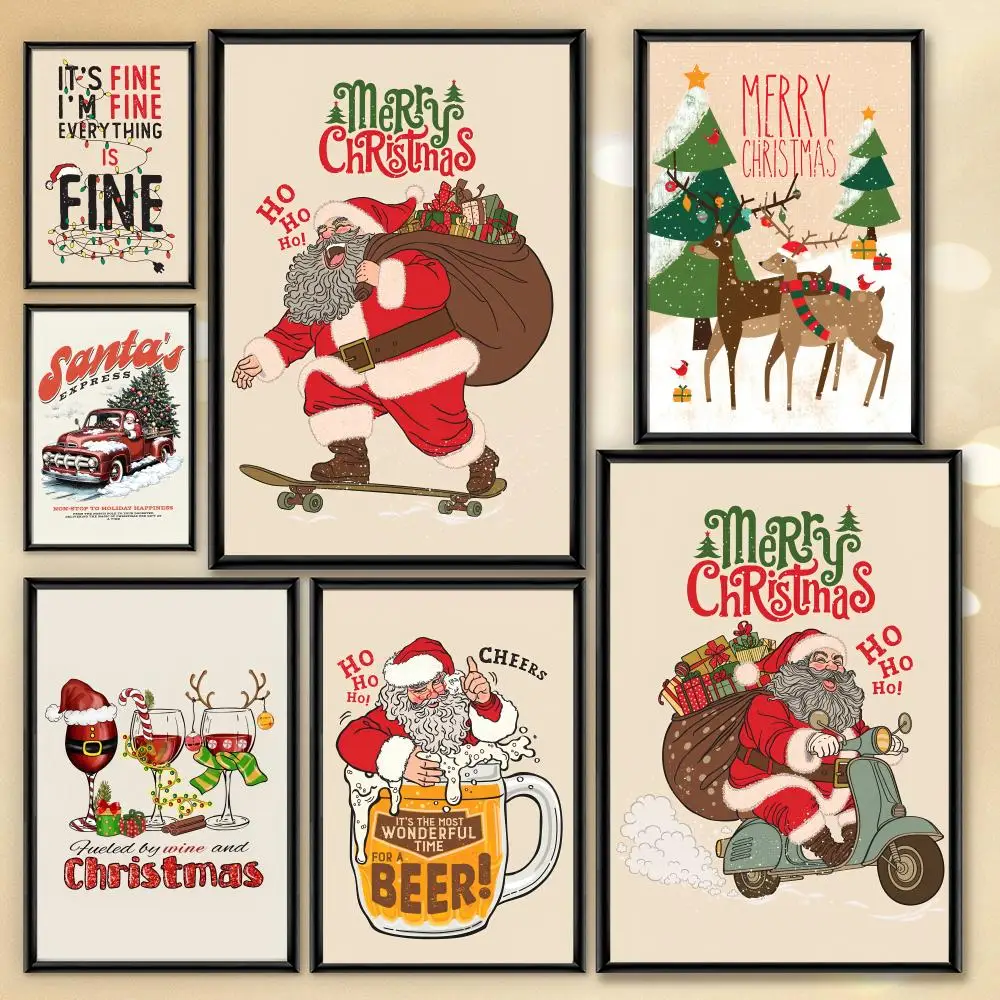 

Happy Christmas Poster Retro Waterproof Wall Art for Living Room Hallway Holiday Home Decoration Best Gift