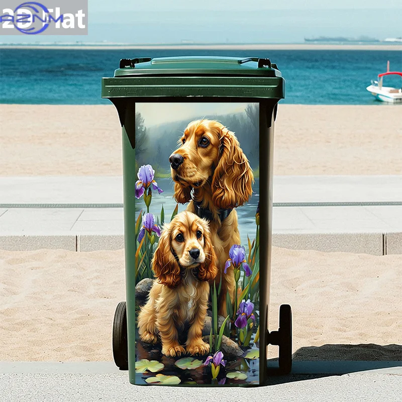 Adorables imágenes de perros de raza Golden Cocker, con motivos de nenúfares e iris. Adhesivo de PVC resistente al agua para cubos de basura, decoración de paredes, decoración del hogar y murales.