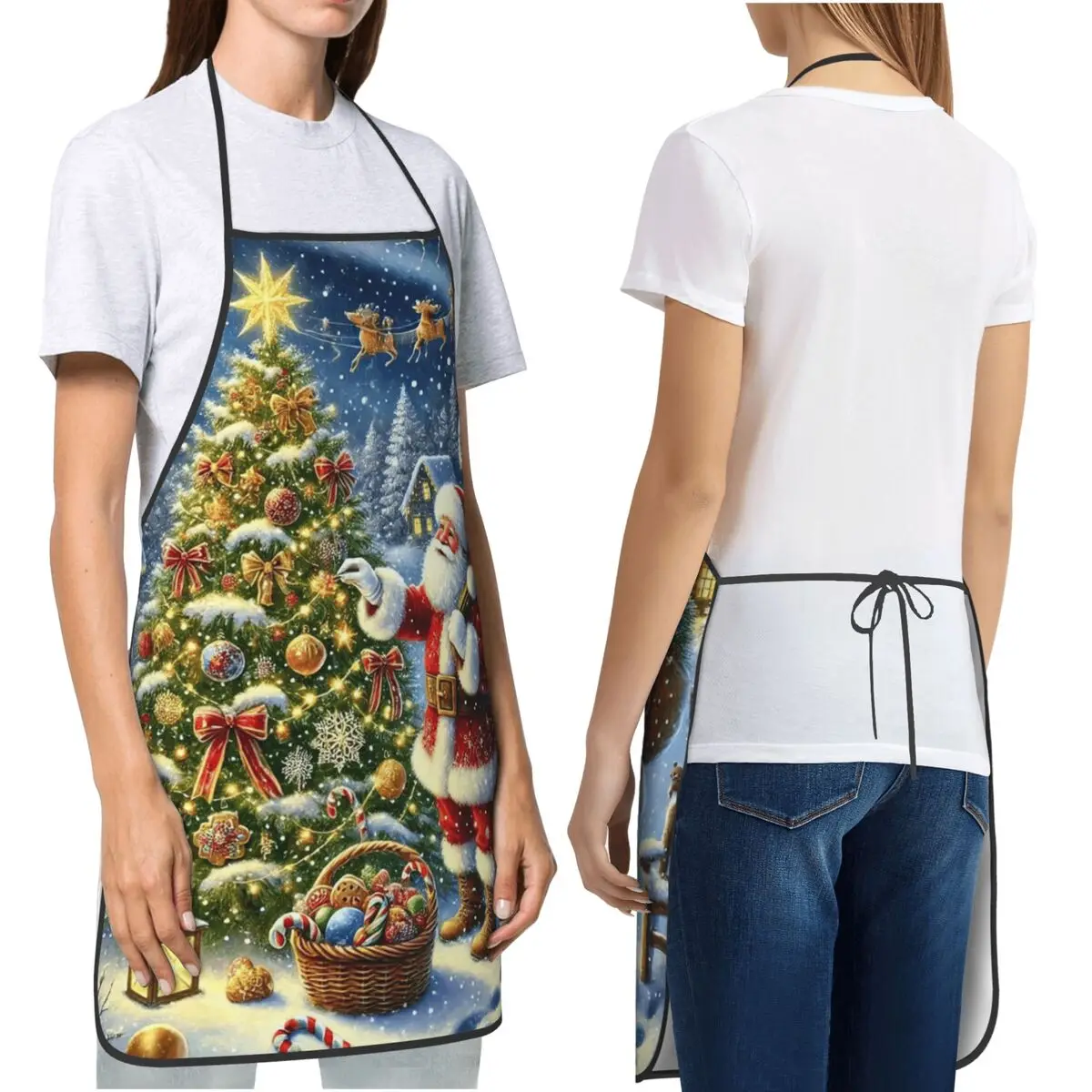 Christmas Santa Claus Snow Village Aprons Chef Cooking Cuisine Tablier Bib Kitchen Cleaning Pinafore for Women Men Gardening