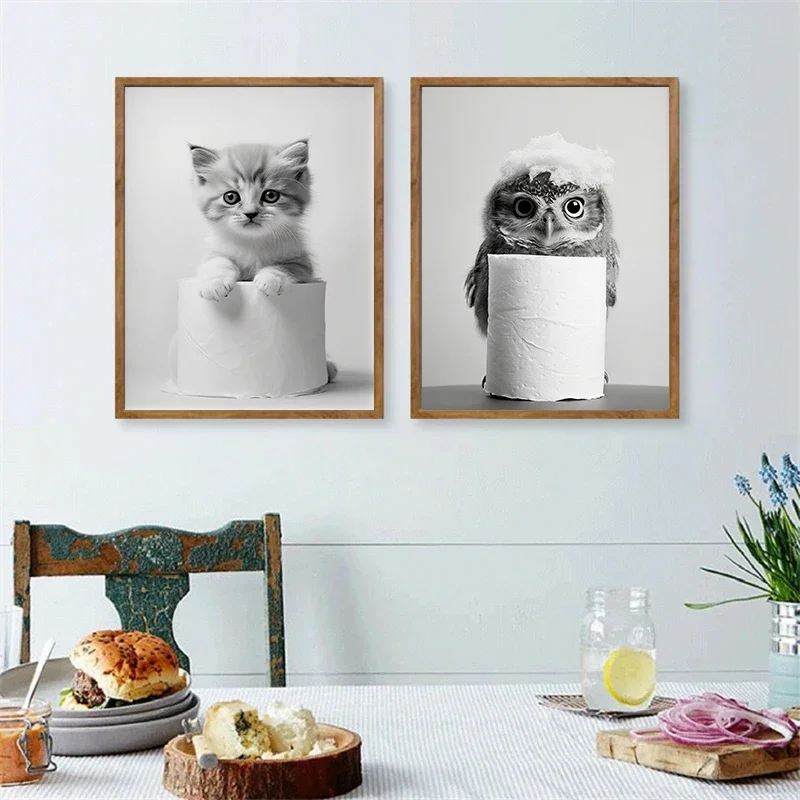 Retro Black White Animal & Toilet Paper Poster Lion Owl Cat Dog Canvas Prints for Living Room Bathroom Living Room & Home Decor