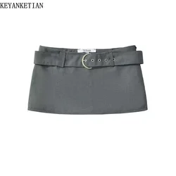 KEYANKETIAN 2024 New Launch Hot sweet With Belt Decoration Low-rise Mini Skirt Women's Sexy Spicy Girl Gray Sheath Pantskirt Y2K