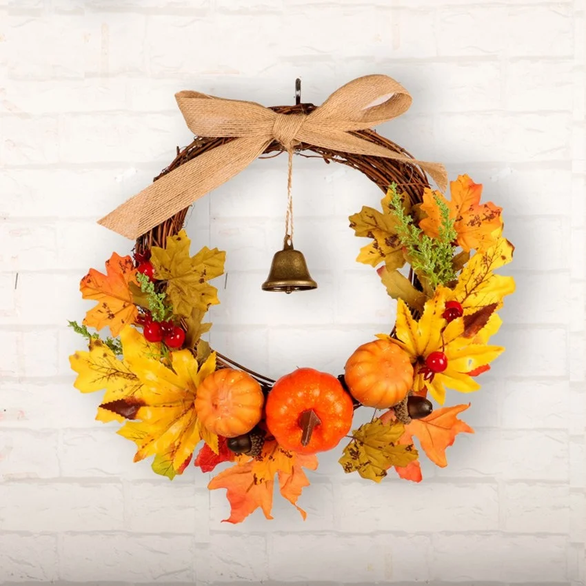 

Artificial Leaves Wreath Autumn Pumpkin Berry Maple Leaf Bell Door Wall Wreath Bar Decoration Front Door Decoration