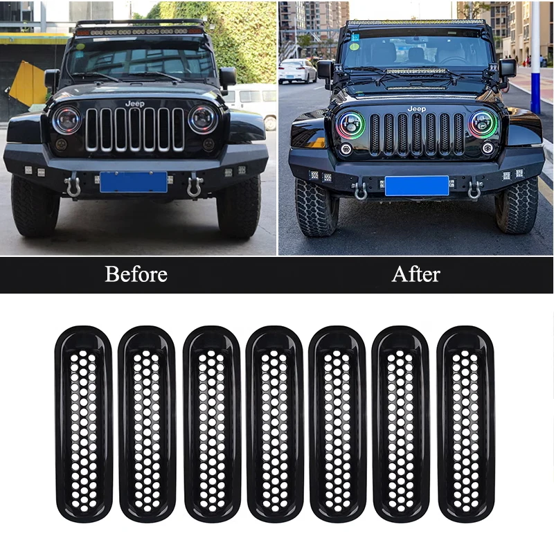 7pcs Front Grille Mesh Inserts Trim Car Clip-in Grille Cover Guard for Jeep Wrangler JK 2007-2017 Car Styling Accessories
