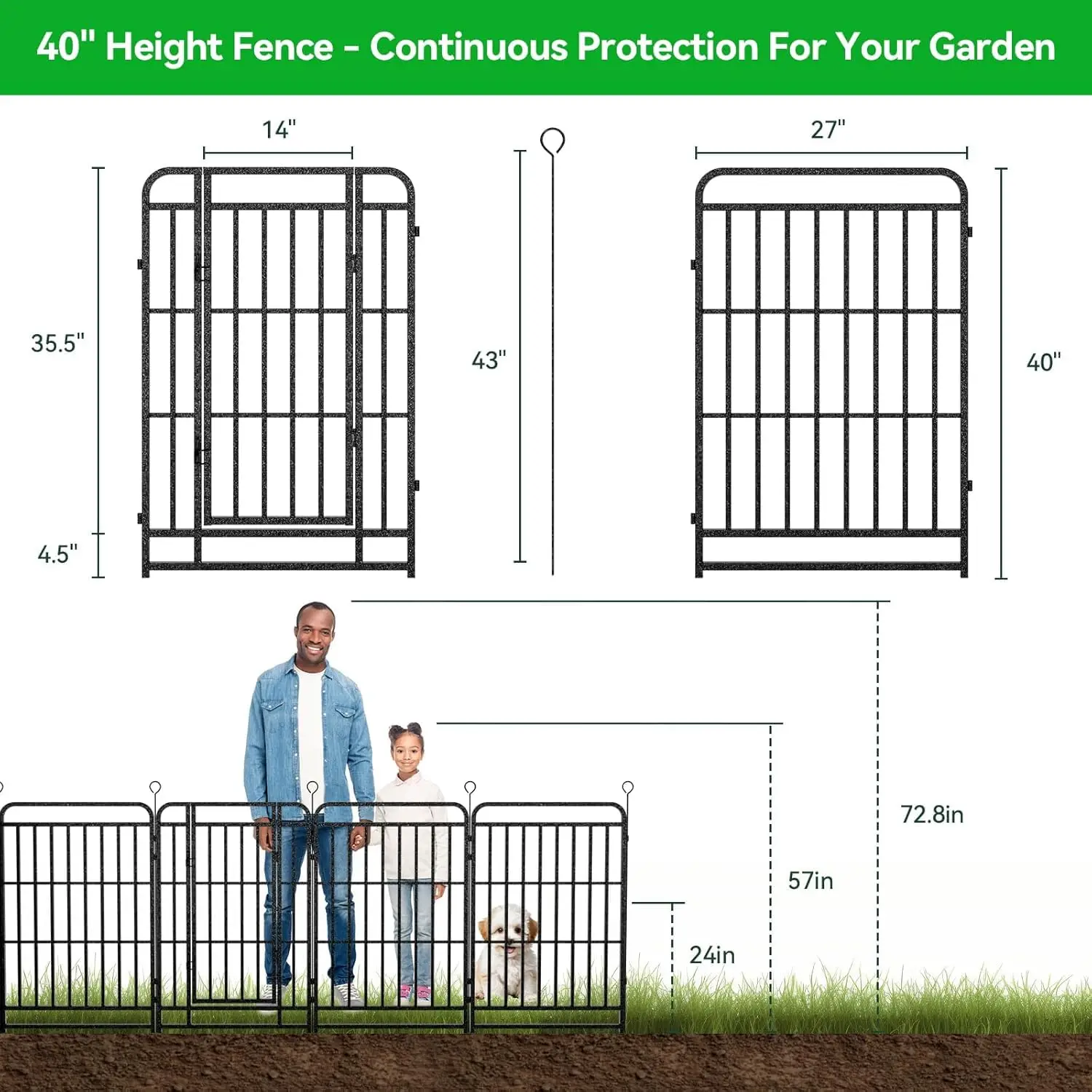 12-Panel Metal Garden Fence with Solar Lights 40in x 27ft No Dig Animal Barrier for Dog Pet Outdoor with Gate,Black, Customized