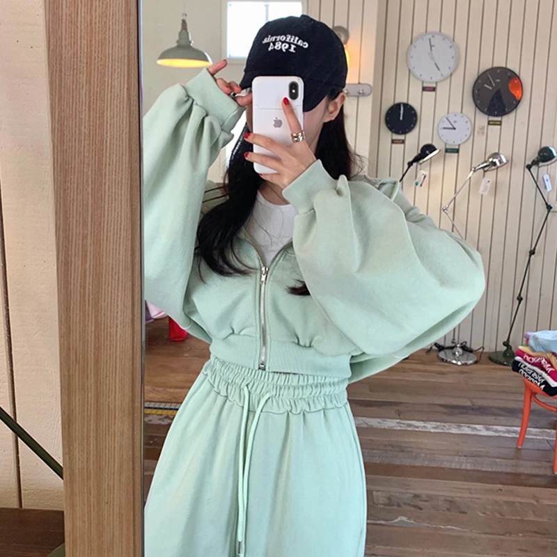 Neploe 2024 Autumn Simple Style Suits Hooded Long Sleeve Short Sweatshirts High Waist Lace up Versatile Wide Leg Casual Pants