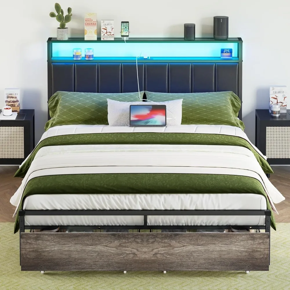 LED Bed Frame with Drawers, Full Platform Bed Frame with 2-Tier Storage & Leather Upholstered & Charging Station Headboard