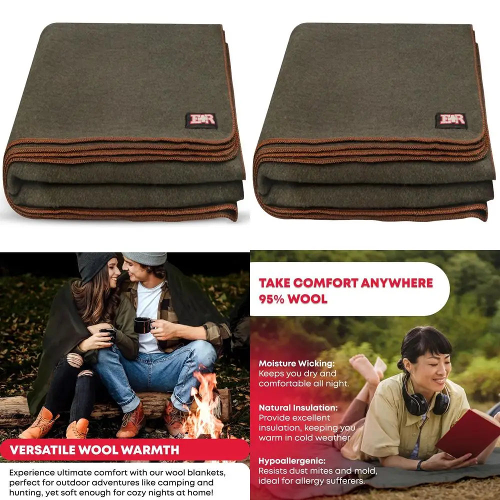 

Olive Drab Green Queen Size Wool Blanket - 95% Wool, Washable, Ideal for Outdoors, Picnics, Travel, and Emergency Use
