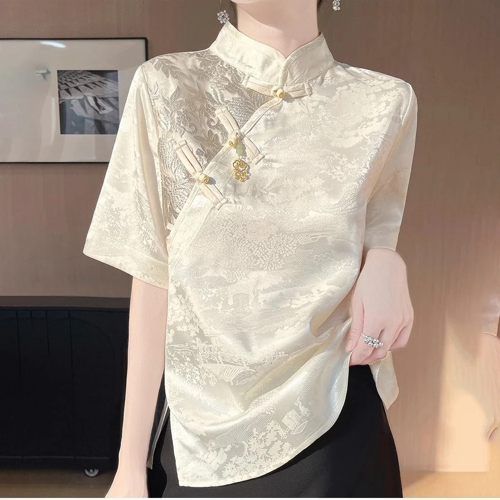 Guofeng Stand Collar Buckle Short Sleeve Tops Women's 2026 Summer Vintage Large Size Printed Loose New Chinese Shirt T-Shirt