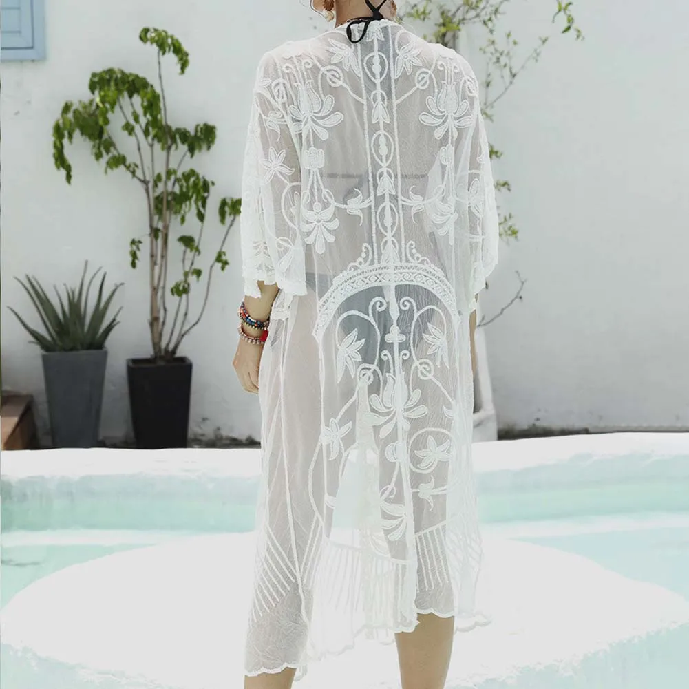 Cárdigan largo de encaje de Color sólido, traje de baño con tirantes bordados = Pareo de playa = ropa de playa, traje de baño para cubrir el traje de baño