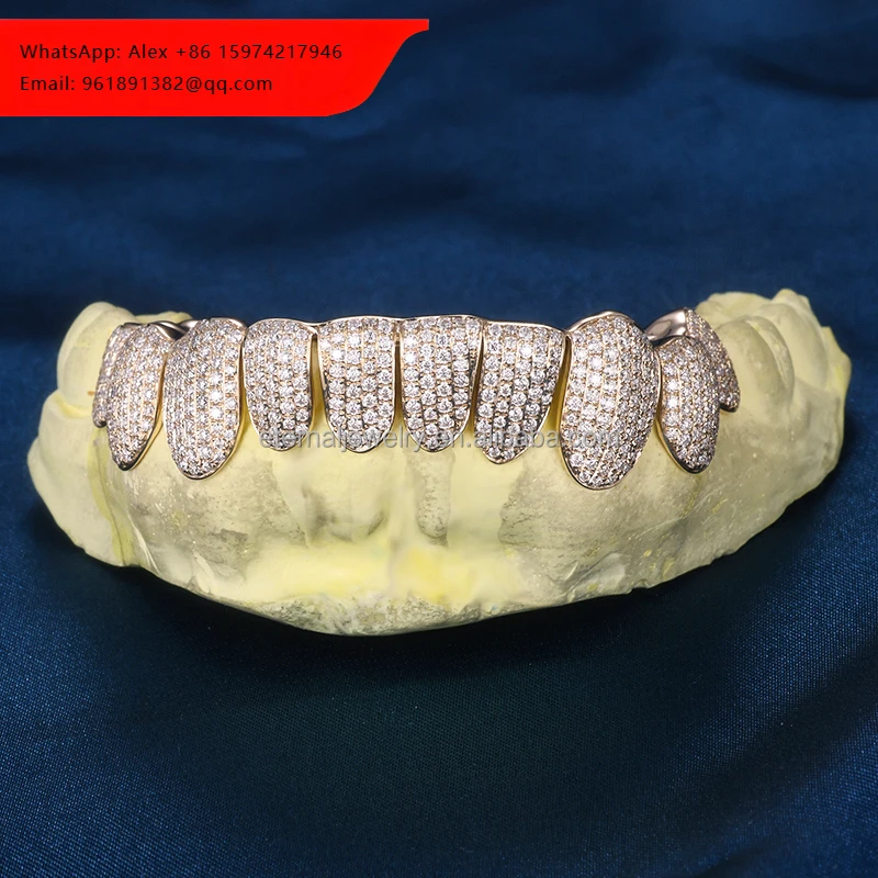 

Custom Top & Bottom 2 4 6 8 10 10K 14K 18K Solid Yellow Gold Grillz S925 Silver VVS Moissanite Diamond Grillz For Teeth