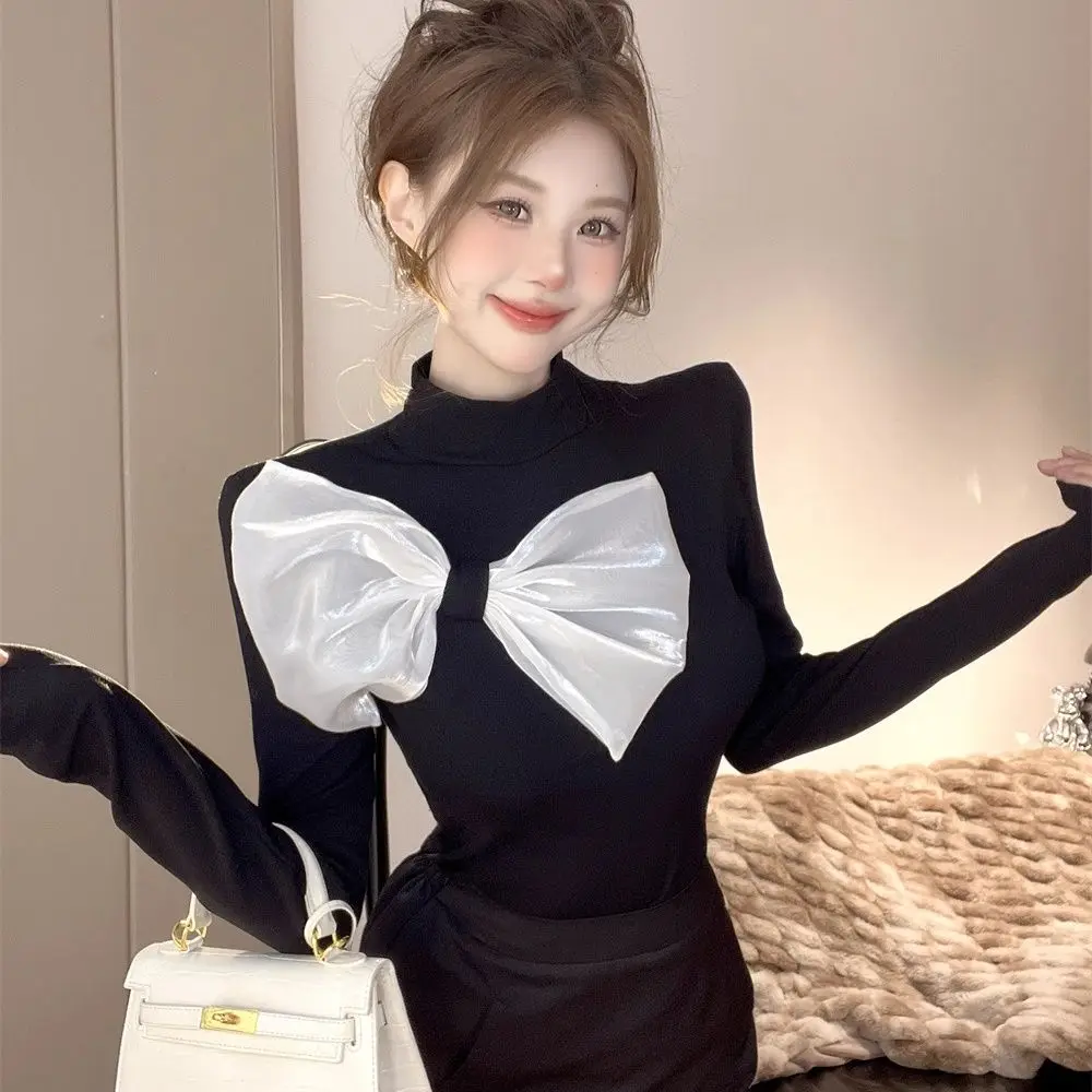 

Retro Hepburn Style Bow Half Turtleneck T-Shirt Women'S Design Autumn Winter Brushed Slim-Fit Bottoming Shirt Top