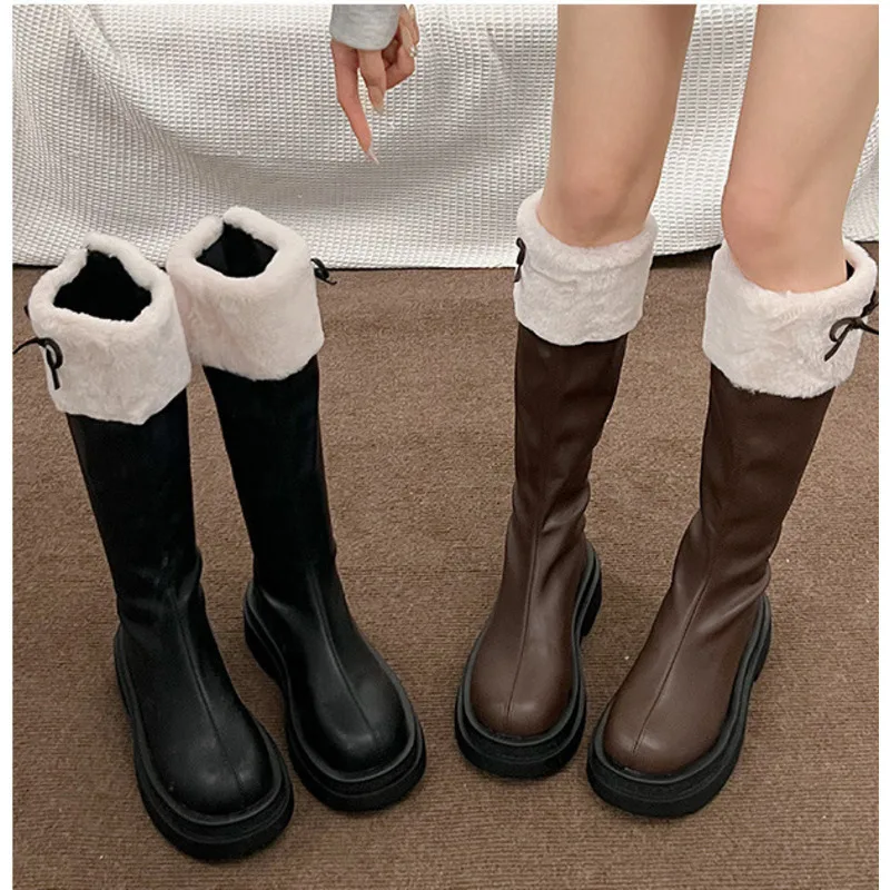 

Women's Winter Knee High Brown Long Boots Fashion Comfort Square Heel Slim Plush Thick Bottom Knight Booties