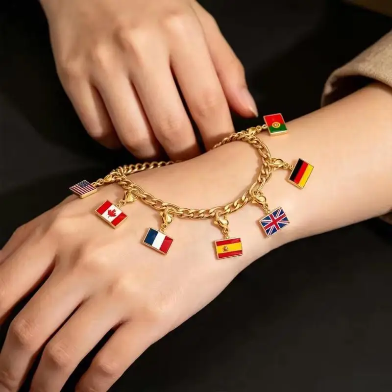 DIY Small National Country Flag Charms Bracelet For Woman Men Personalized Stainless Steel Football Fans Gift Jewelry