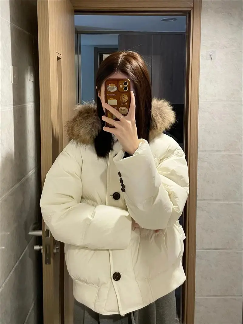 2024 Women\'s Winter Jacket Hooded Slim Big Thick Real Fur Short White Duck Down Filler Coat Female Solid Warm Clothes Snow Suit