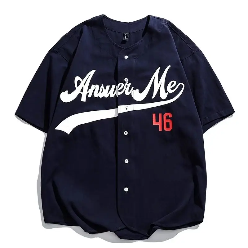 American ins baseball uniform shirt men short-sleeved T-shirt summer loose collarless shirt retro cardigan jacket temperament