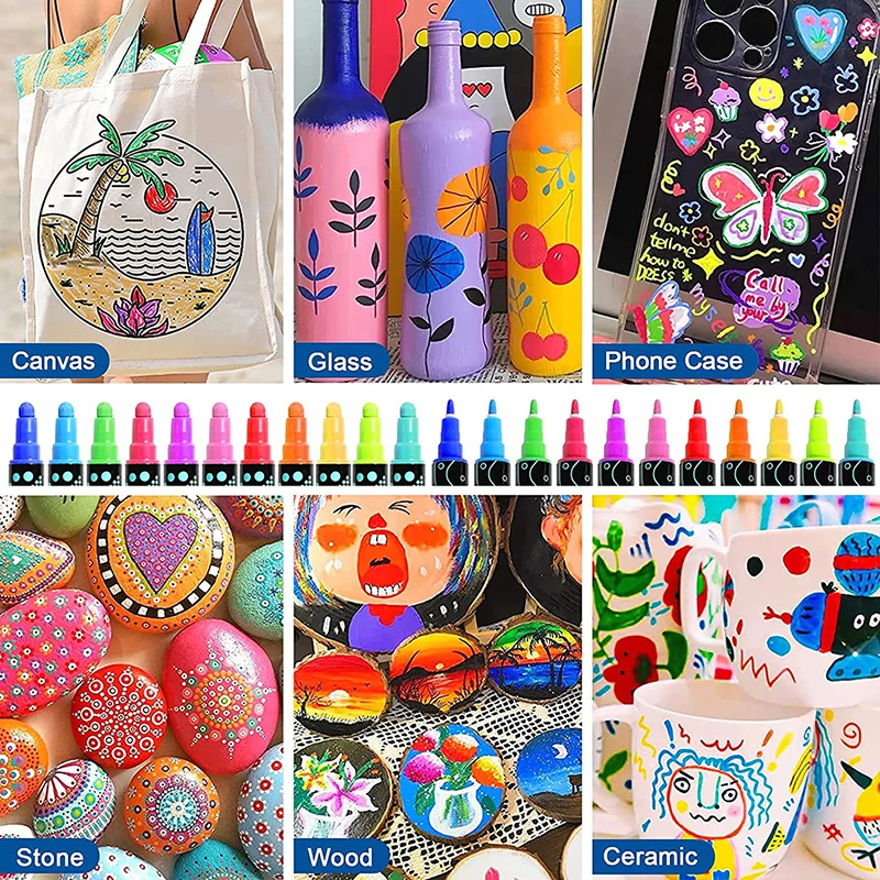 Acrylic Marker,Double-Ended Dot Pen,Water-Based Pigment Pen,Ceramic Marker,12 Color Doodle Pen JM-9905