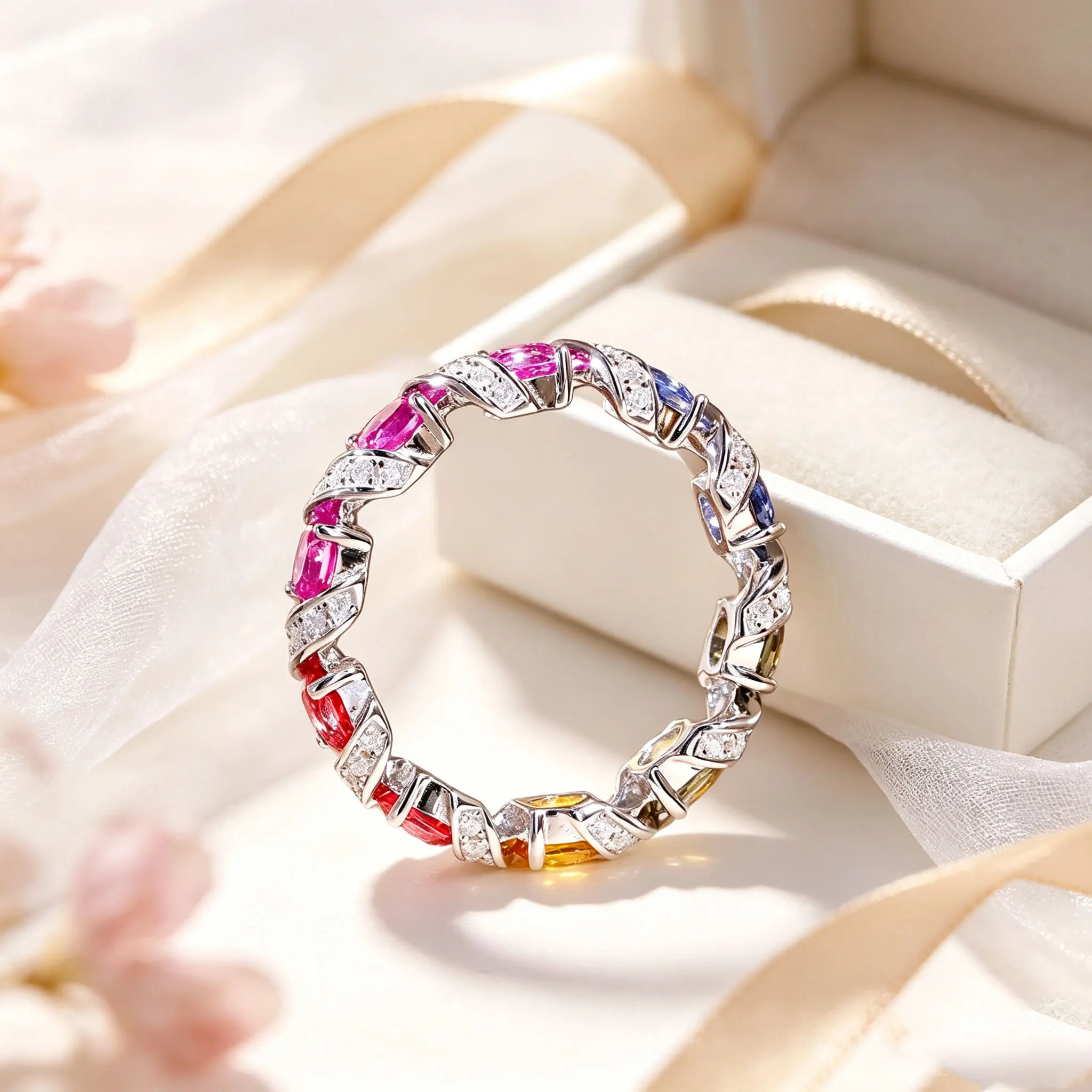 925 Sterling Silver Moissanite Ring, Twisted Design Multicolor Oval Gemstone, Rainbow Colorful Moissanite for Women, Luxury Sparkling Fine 925 Silver Jewelry, Wedding Party Daily Wear Ring, Birthday Anniversary Gift for Her