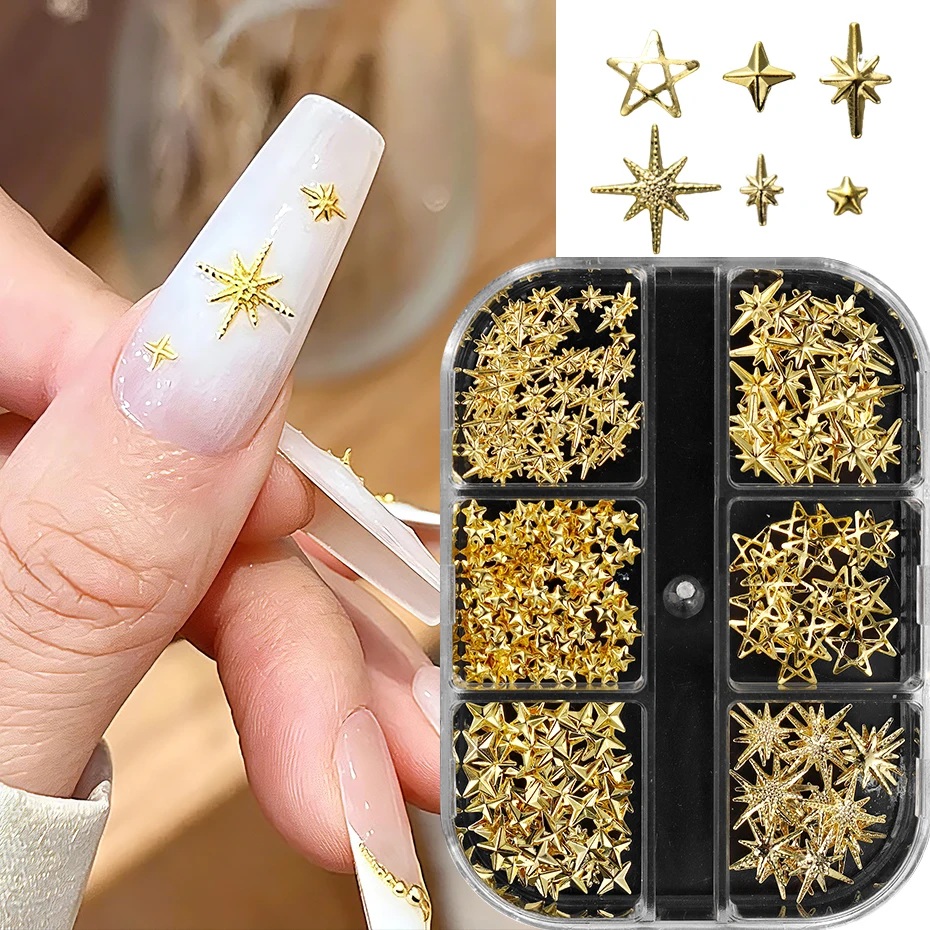 6 Grids Golden Star Metal Nail Charms Cross Star Nail Metal Rivet Alloy Hollow Star 3D Nail Art Decorations Manicure Accessories