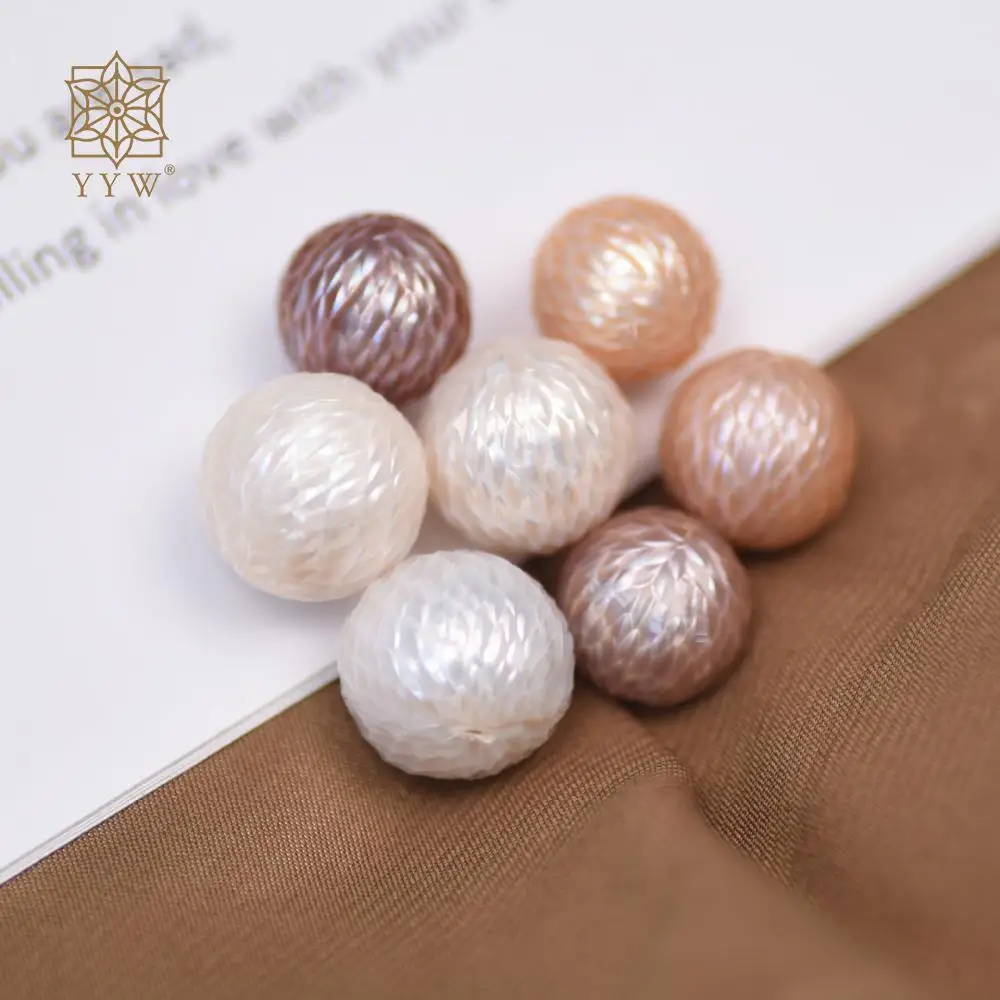 

1 Piece 12-17mm Round Cultured No Hole Freshwater Pearl 3D Carved Holes Beads For Women Needlework Jewelry Making Accessories