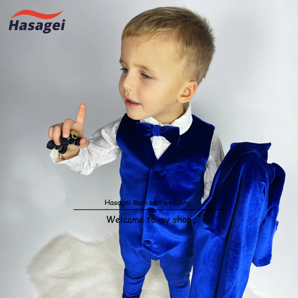 Traje de terciopelo azul real para niños, chaqueta de 3 piezas, pantalones, chaleco, esmoquin de boda, Blazer de fiesta Formal, ropa de escenario para niños de 2 a 16 años