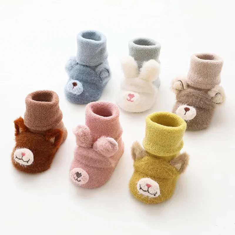 Autumn Winter Terry Thickened Warm Newborn Baby Floor Socks Children\'s Cute 3D Cartoon Non-slip Baby Boy Girls Socks 0-3 Years