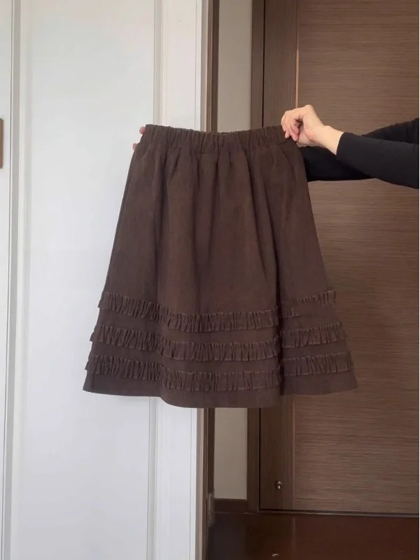 

High Waist A-Line Skirt Women's Corduroy Flounce Soft Sle Japanese Feeling Multi-Layered Skirt Winter Faion