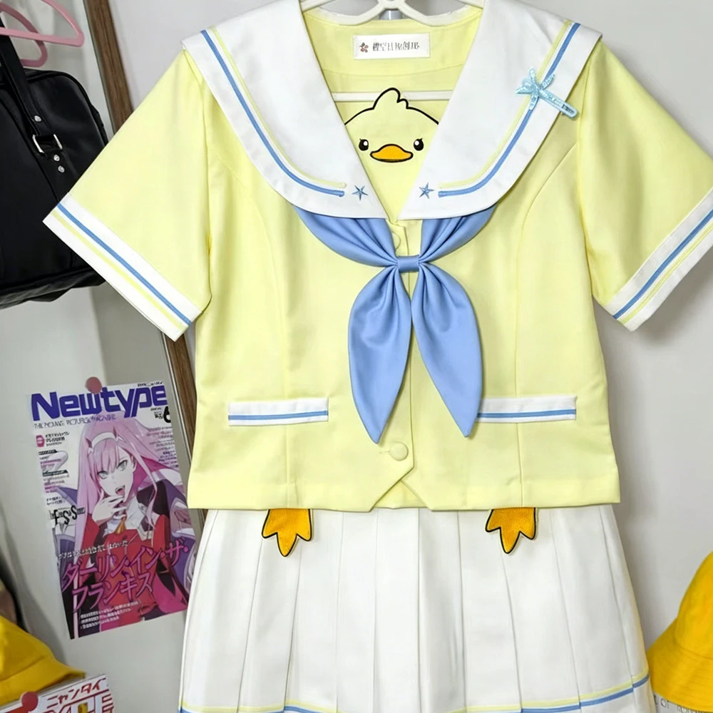 Original Japanese Cute Jk Uniform Women's Sweet Cartoon Print Navy Yellow Short Sleeve Shirt Folded Skirt Two Piece Set Summer image 6