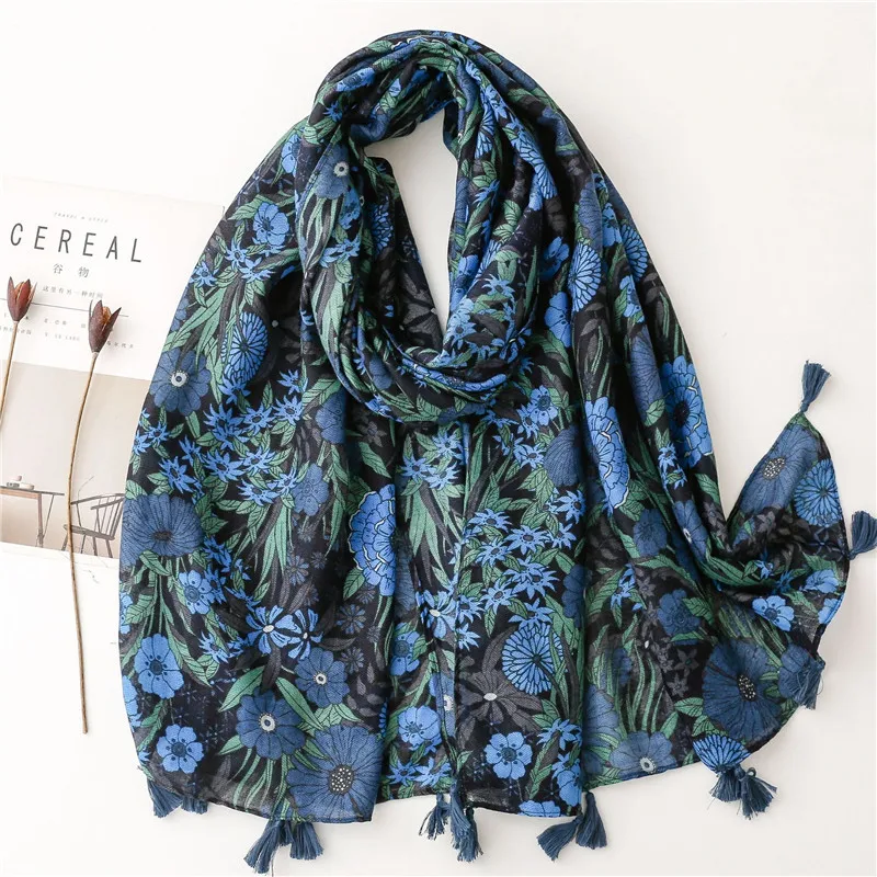 Aztec Abstract Navy Blue Floral Tassel Viscose Shawl Scarf High Quality Print Soft Foulards Bufandas Muslim Hijab Sjaal 180*90Cm