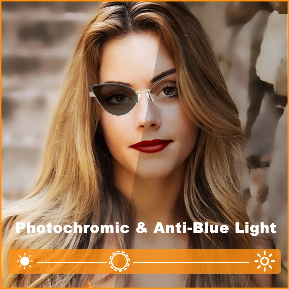 Fashion Women Cat Eye Photochromic Reading Glasses Butterfly Brand Design Frame Blue Light Blocking Customized Prescription