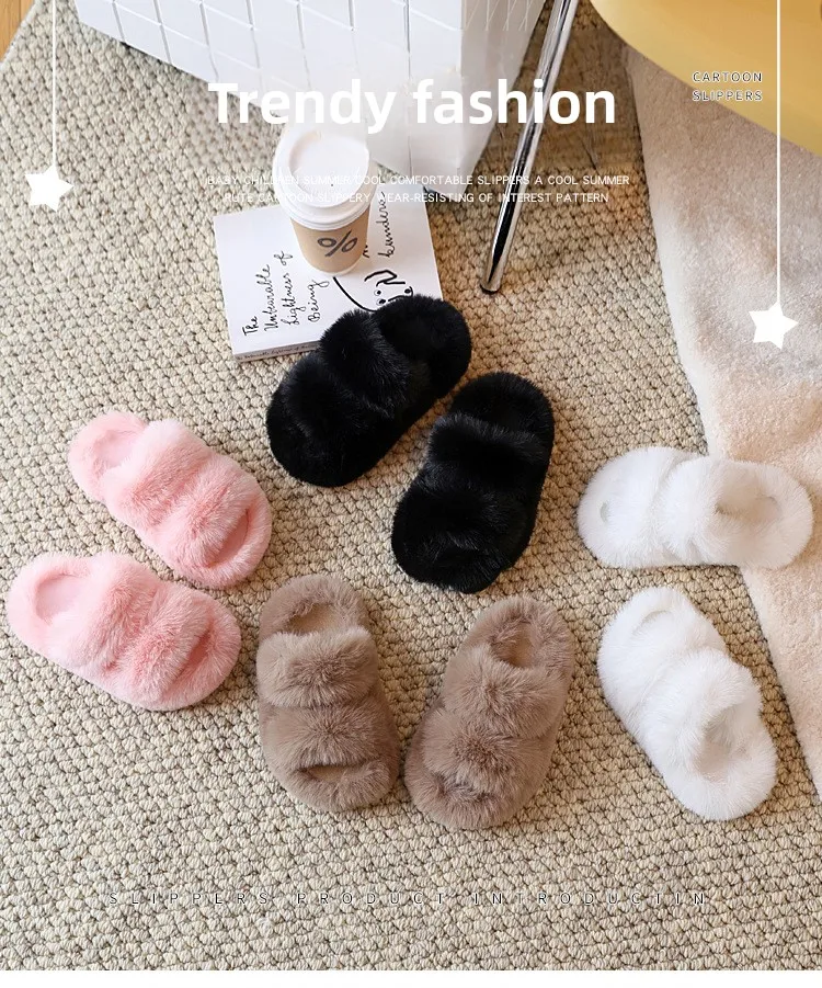 Kinder-Baumwollpantoffeln in Khaki für Jungen und Mädchen, Fell-Schuhe für Herbst und Winter, Rosa, Beige, Rutschfeste Flache Hausschuhe für Mittlere und Große Kinder – Detail 3