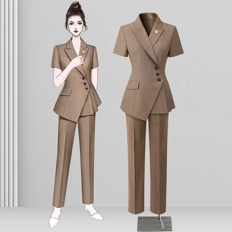 High-end Suit Women's Summer Thin Professional Short-Sleeve Blazer Pants 2Piece Set  Workplace Commuter Wear Female Office New