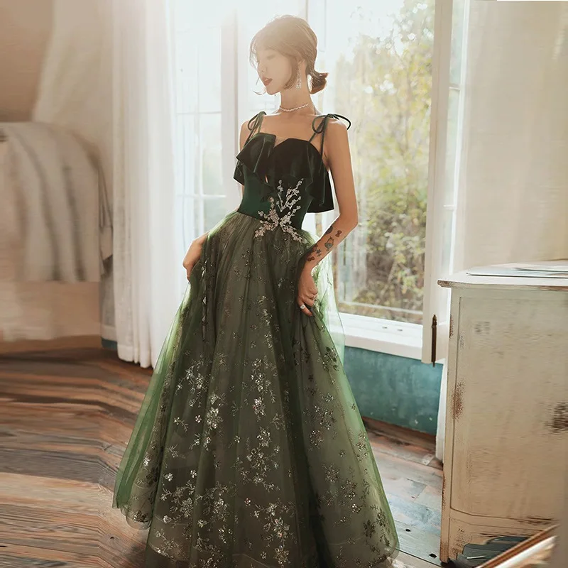 

Темно-зеленое вечернее платье на тонких бретелях, элегантное женское длинное вечернее платье для выпускного бала, роскошное платье для вечеринок с пайетками и тюлем, платье для ведущей.