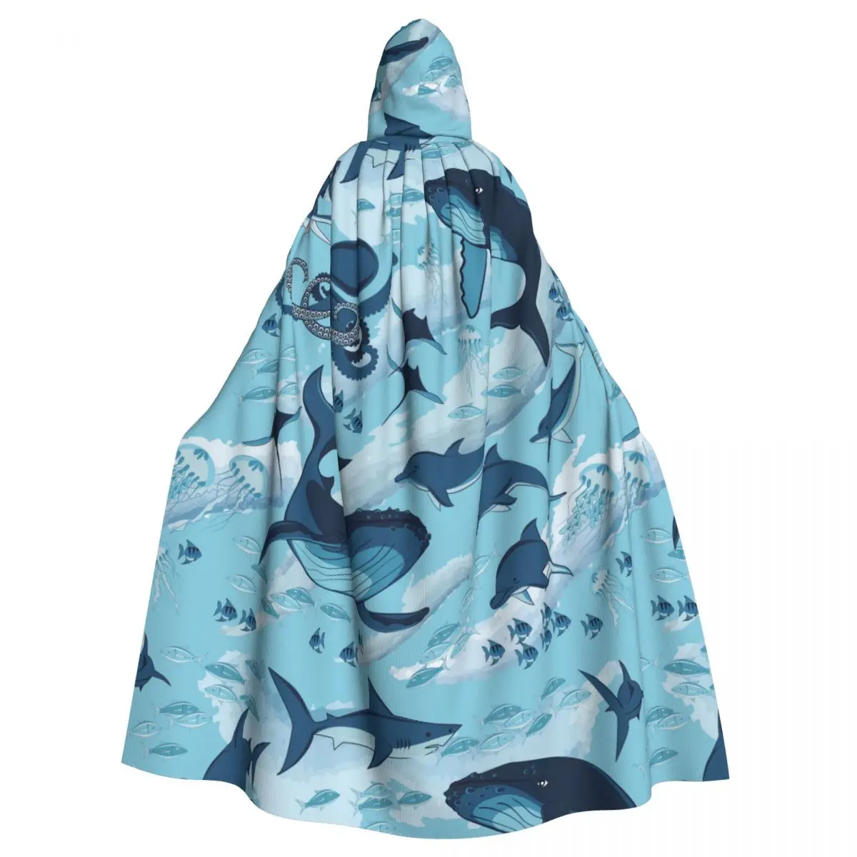 

Unisex Witch Party Reversible Hooded Adult Vampires Cape Cloak Blue Whales And Underwater Fishes