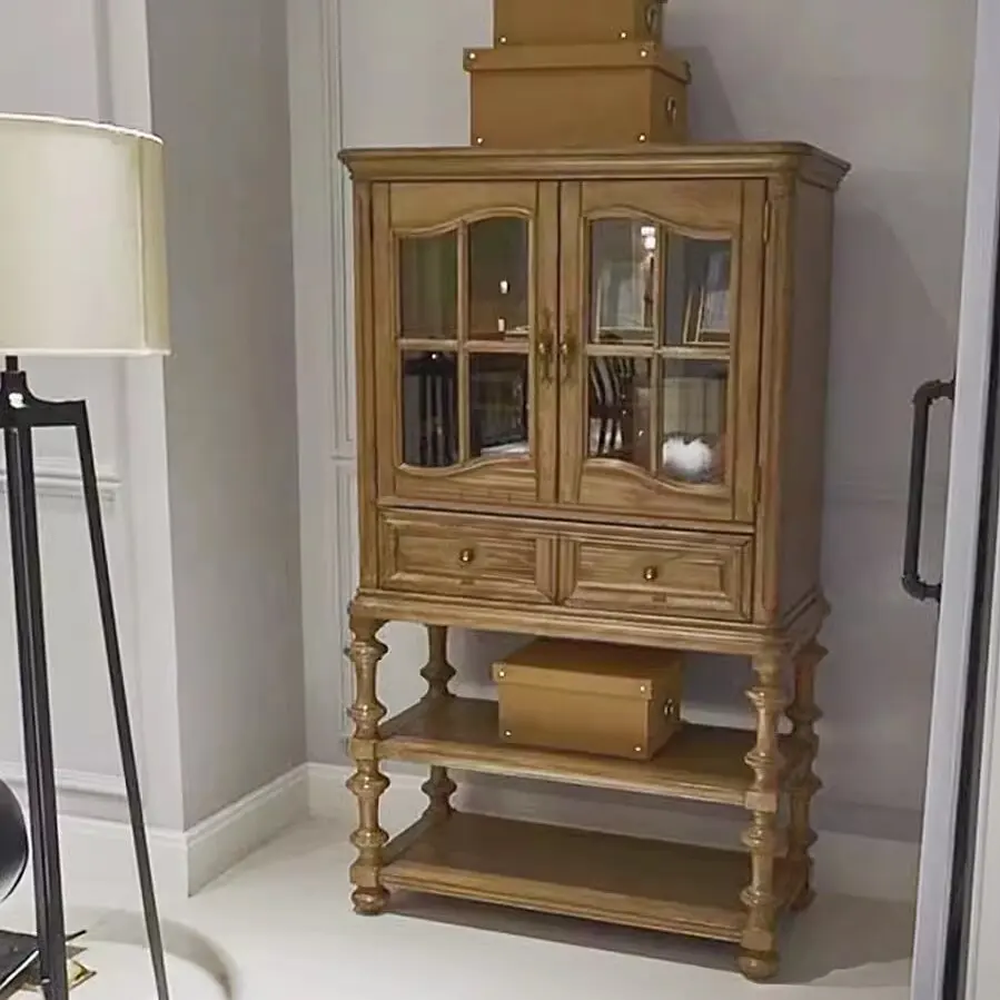 

French solid wood retro old dining side cabinet modern simple storage European carved glass cabinet