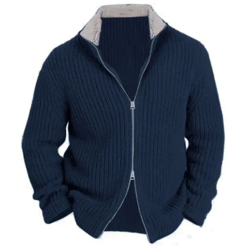 New Men's Coat Sweater Thick Double Pull Head Warm Knit Lapel Warm Woolen Knit Hoodie Coat