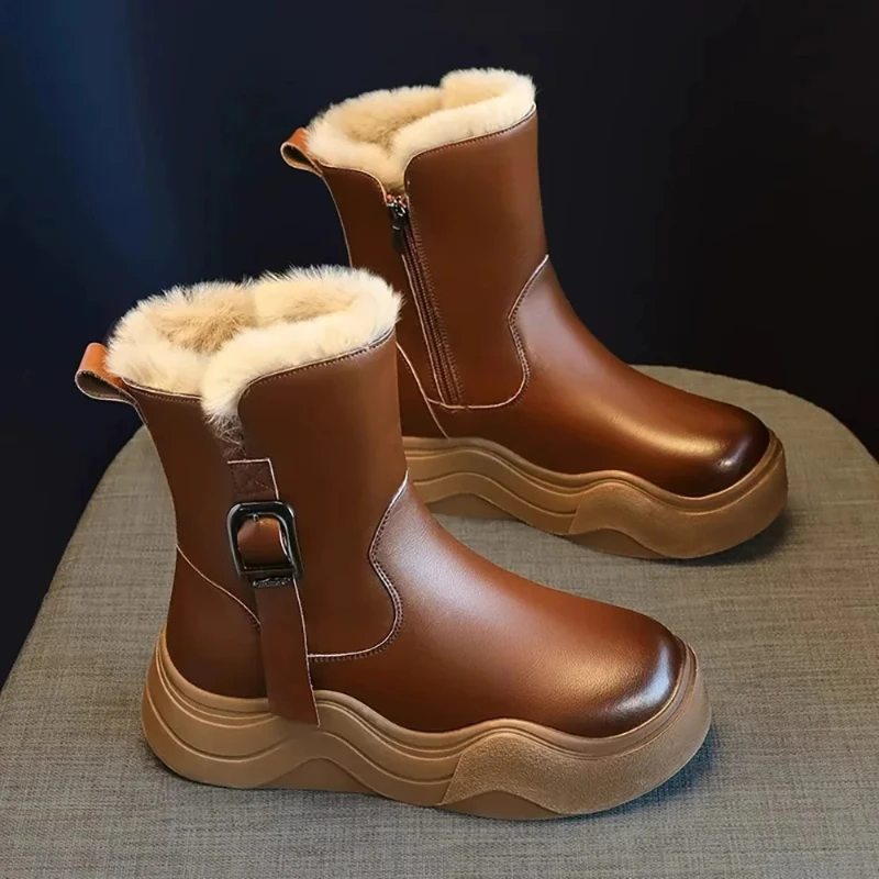 

Leather Winter Boots For Girls Thick Warm Comfortable Girl's Plush Boots Faux Fur Cotton Shoes For Kids Waterproof Snow Boots