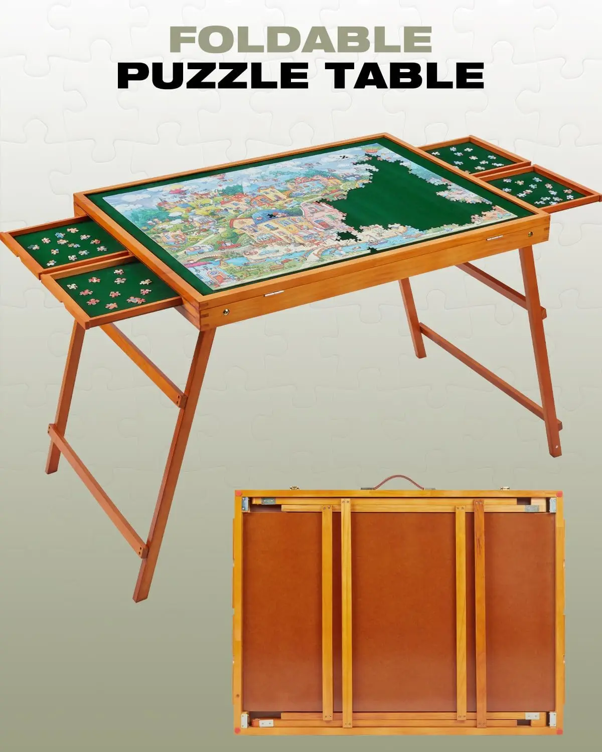 1500-delige houten puzzeltafel met lades en deksel, verstelbaar puzzelbord met opvouwbare poten, draagbare gekantelde puzzel