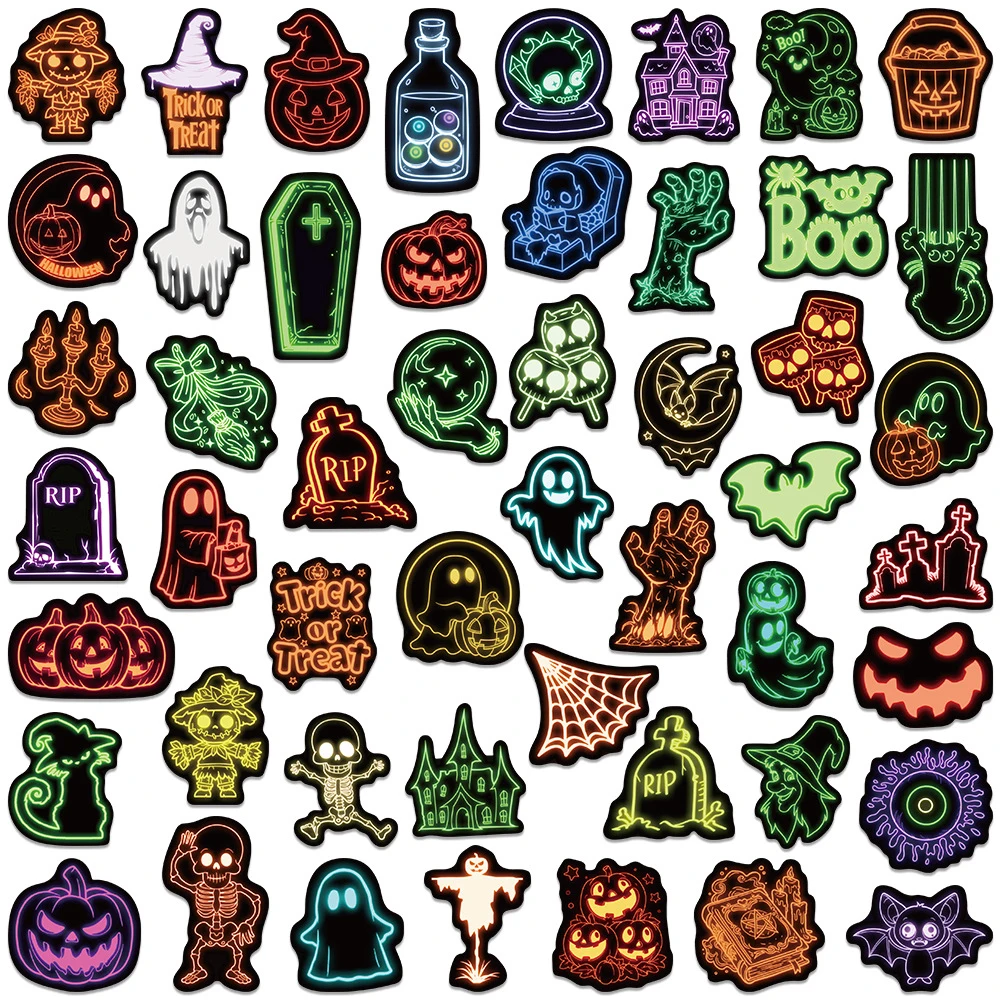 

10/30/50/100pcs Cool Halloween Neon Light Stickers Horror Gothic Skull Pumpkin Sticker Skateboard Suitcase Phone Cartoon Decals