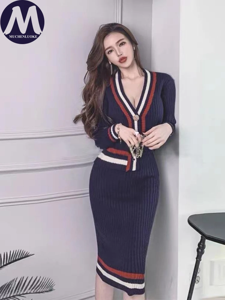 

Sets for Women 2 Pieces Autumn/Winter New Color Block Stripe Knitted Sweater Cardigan Suits Korean Fashion Slim Fit Dress Sets