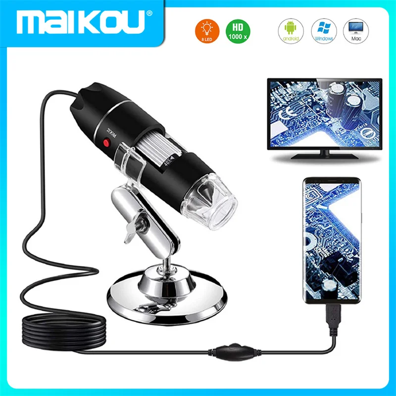 

1600X 1000X Wired Digital Microscope Portable Handheld Microscope USB Interfaces 8 LED Lights with Micro USB Type-C Adapter