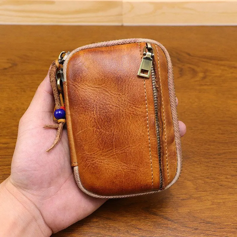 New Handmade Vintage Top Layer Cowhide Key Holder Unisex Zipper Card Holder Large Capacity Key Holder Foldable Bucket Shape