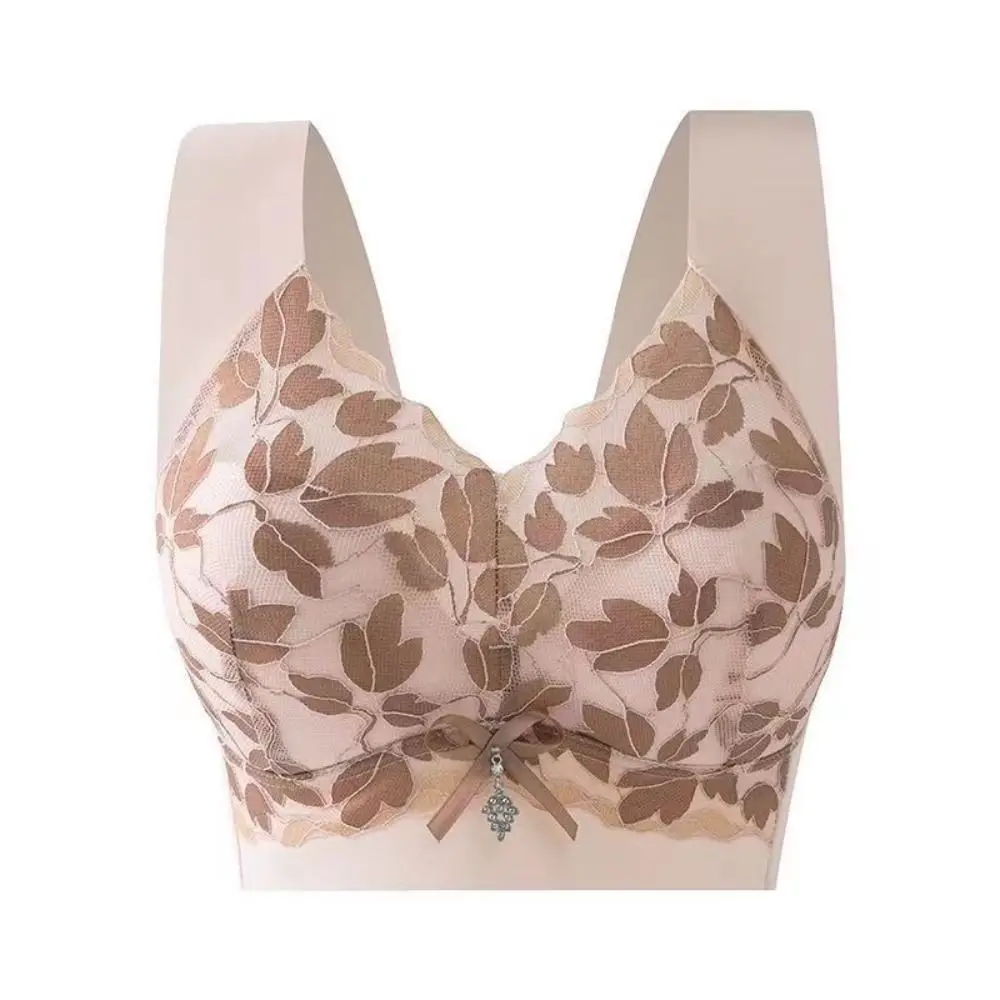 

Soft Leaf Lace Deep V Bras Zircon Bowknot Brassiere for Women Big Cup Shockproof Wireless Bras Yoga