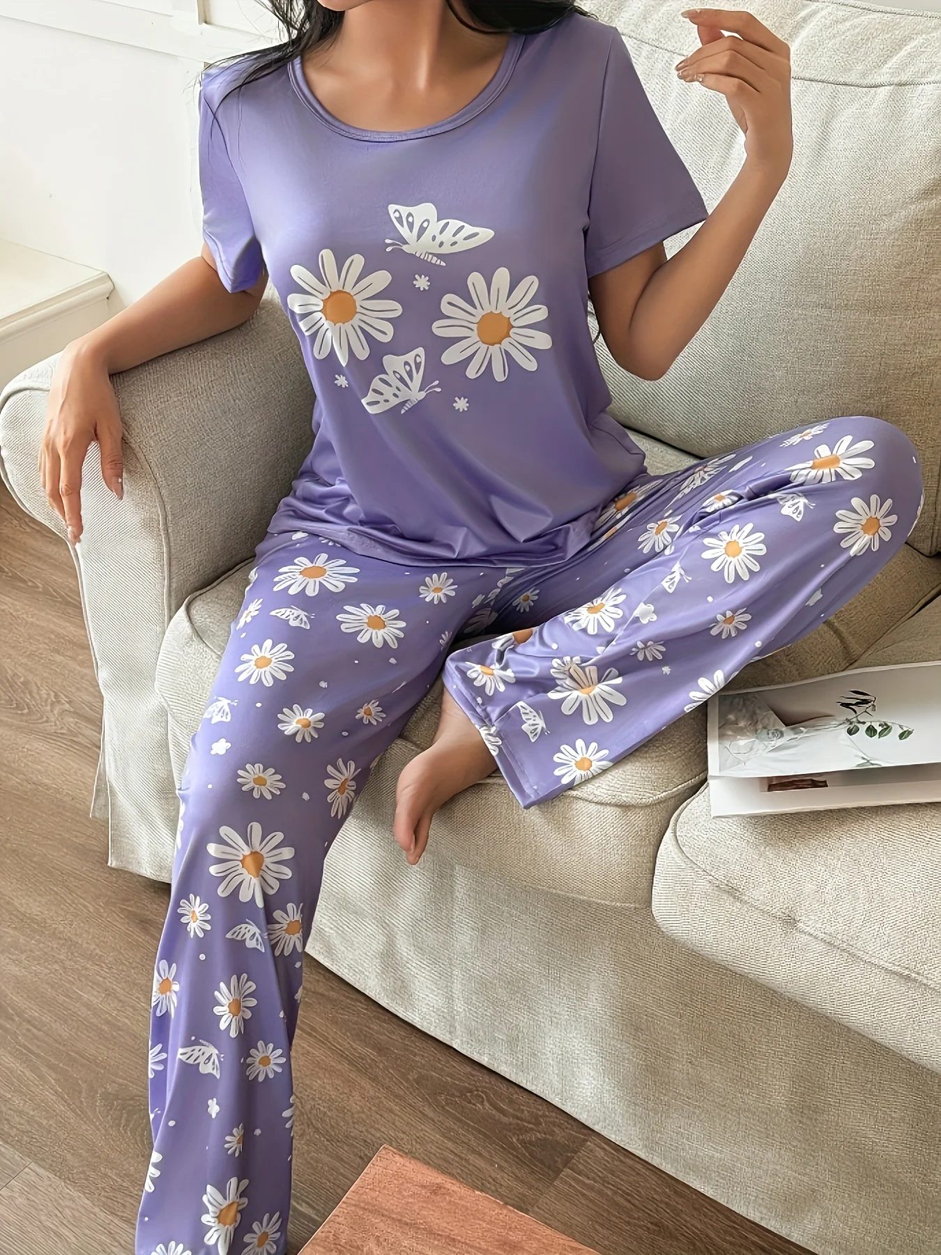 

Женский повседневный пижамный комплект с принтом бабочек и хризантем, белый, короткий и длинный рукав, размеры S, M, L, XL, XXL, XXXL