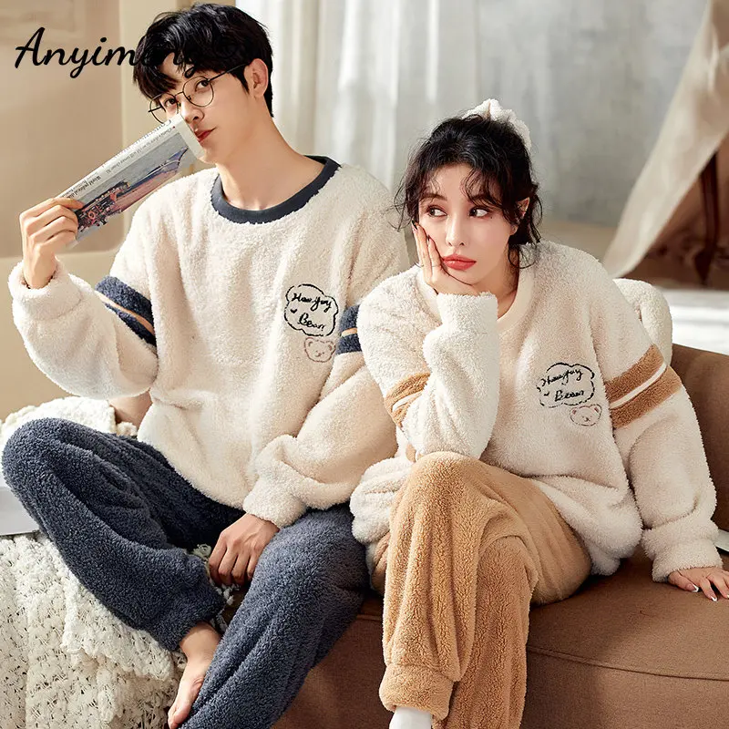 Couple Winter Thick Warm Pajamas Set Cartoon Dinosaur Printing Coral Fleece Pijamas Fashion Sleepwear Long Sleeve Loungewear