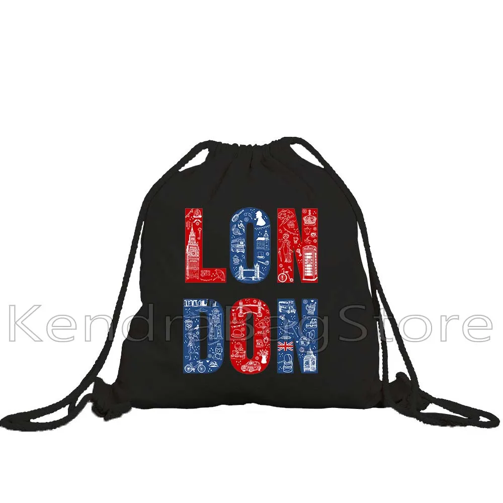 United Kingdom London England Flag Map Retro Bus Big Ben Bridge Phone Booth Trip Drawstring Bags Soccer Backpack Gym Sackpack