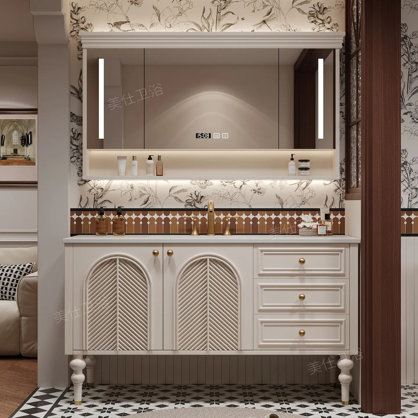 PYH oak bathroom cabinet combination toilet hand wash basin washbasin rock slab ceramic integrated basin bathroom
