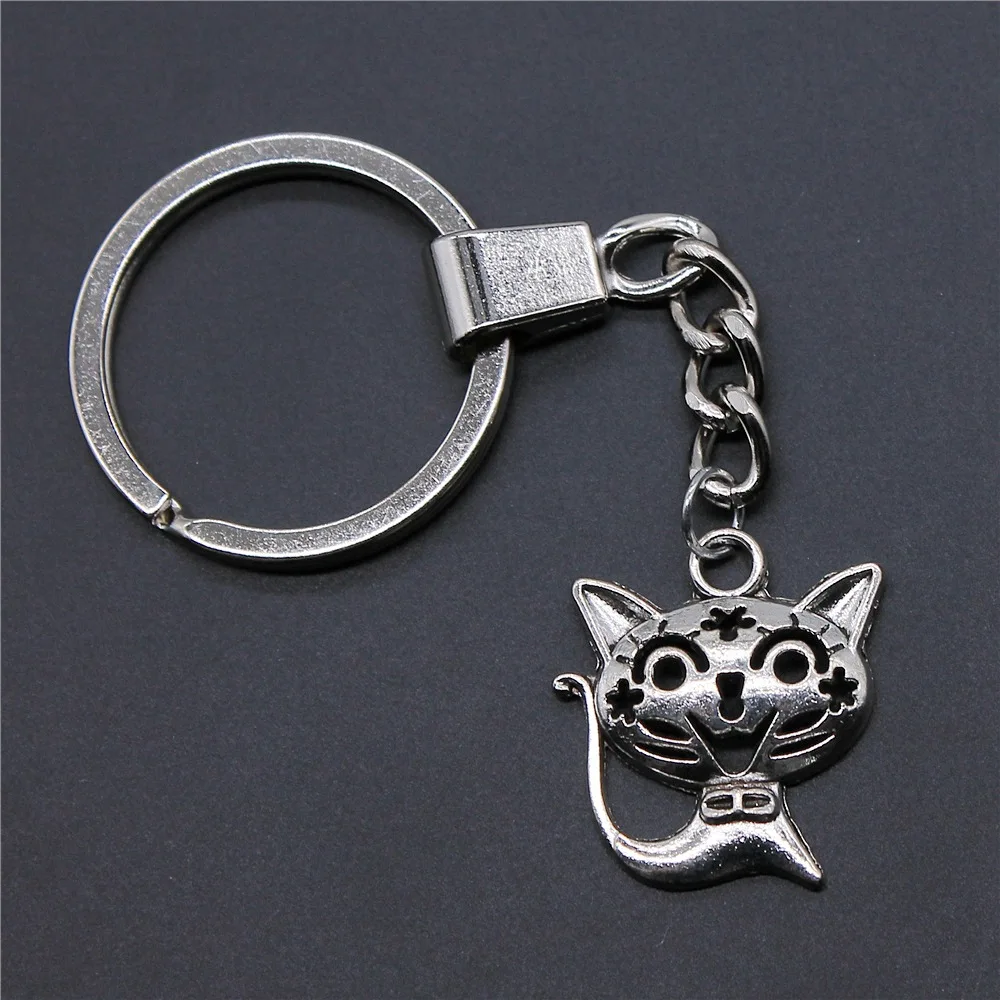 DIY Metal Holder Chain Souvenirs Gift Men Keychain 2 Colors 24x21mm Smile Cat Pendant Keyring