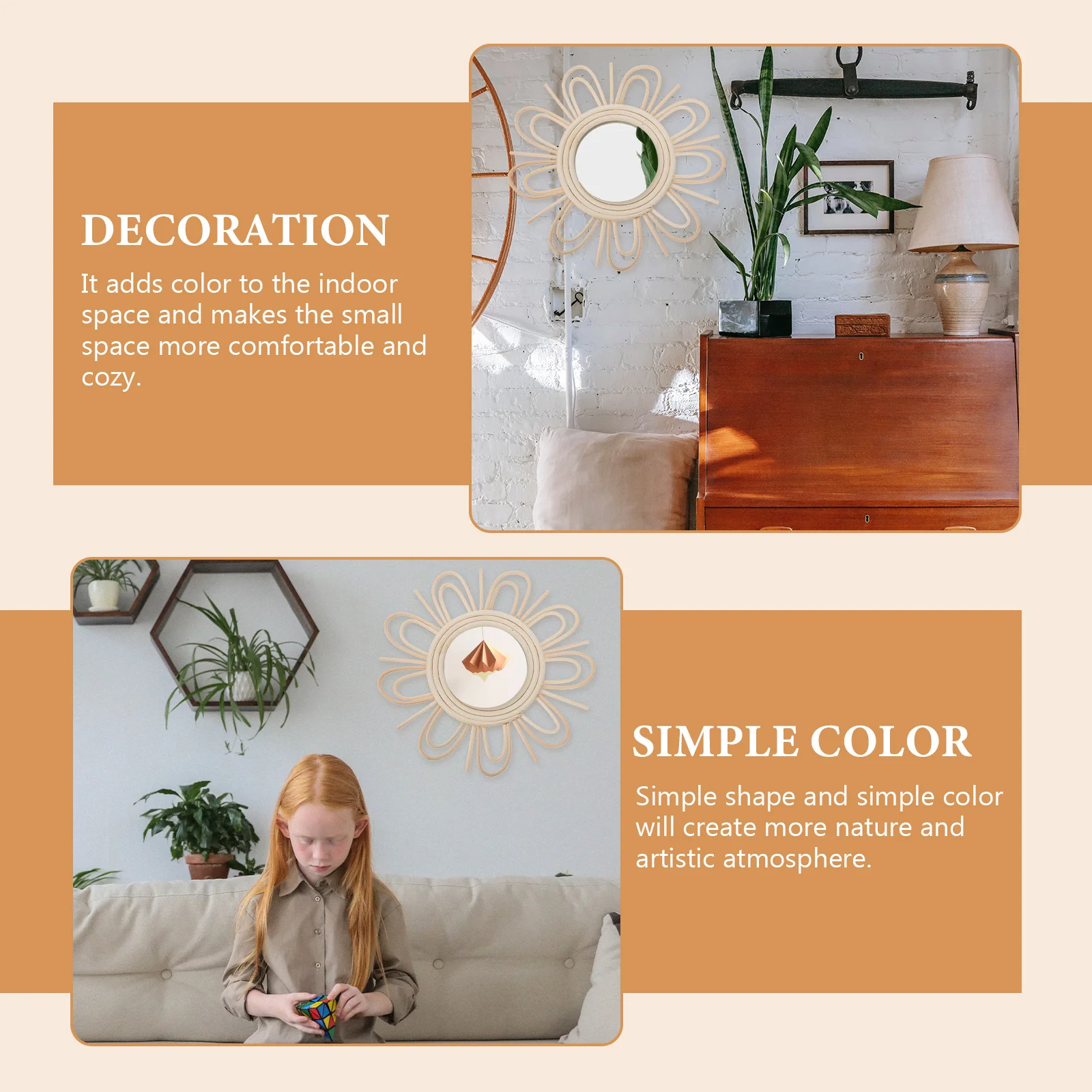

Rattan Woven Mirror Wall Decorative Craft Home Decoration Mirror Lasting Color Simple Shape Dressing