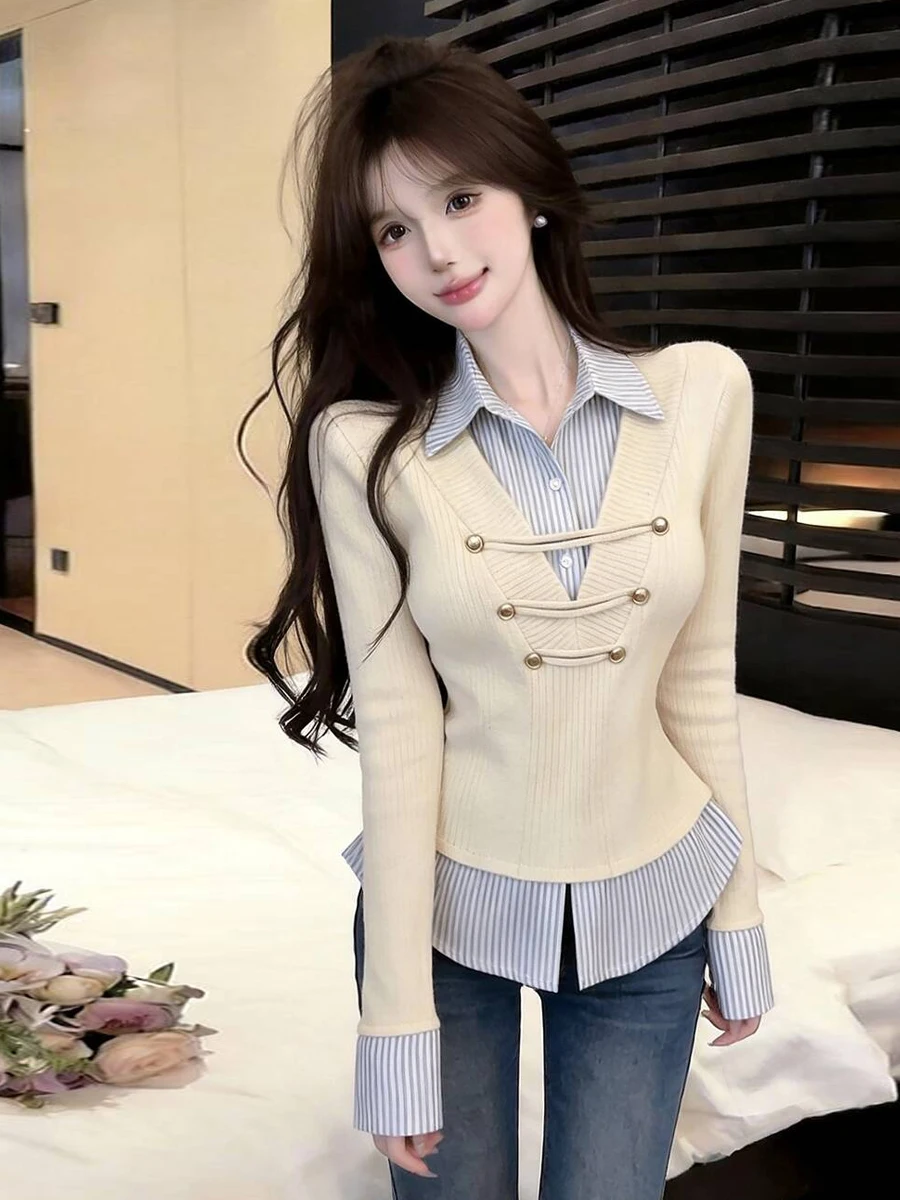Retro Spicy Girl Long Sleeve Slim Fit T-Shirt Women's Autumn Commute Versatile Color Block Turn-down Collar Fake Two-Piece Top